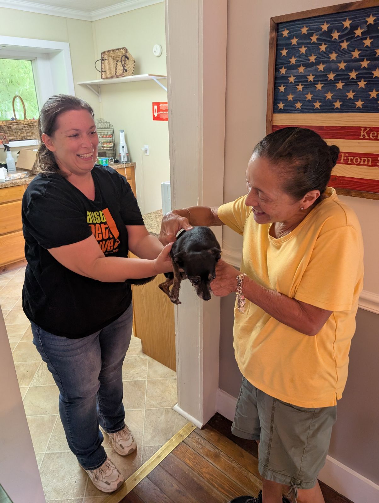 Pet reunited with owner after flood disaster in Kerrville Texas.